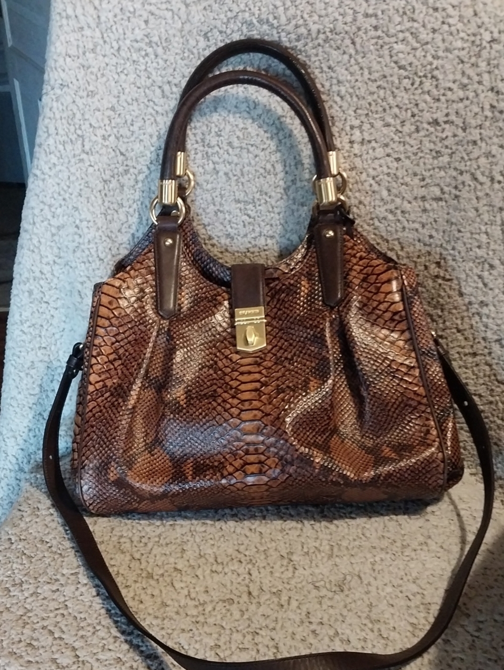 Brahmin Brown Snake-Embossed Satchel with Gold Hardware